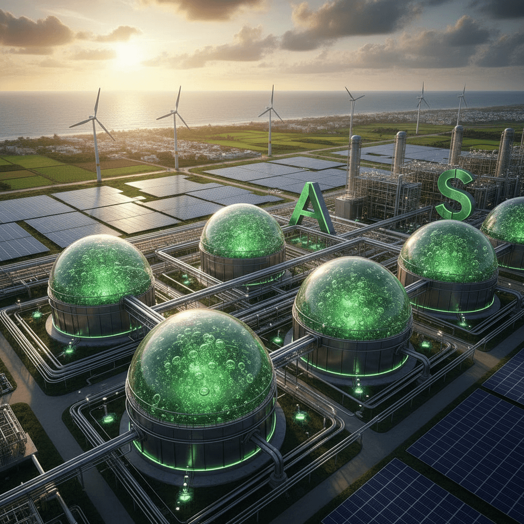 An aerial view of a green ammonia production facility with large spherical tanks glowing green, surrounded by solar panels and wind turbines.