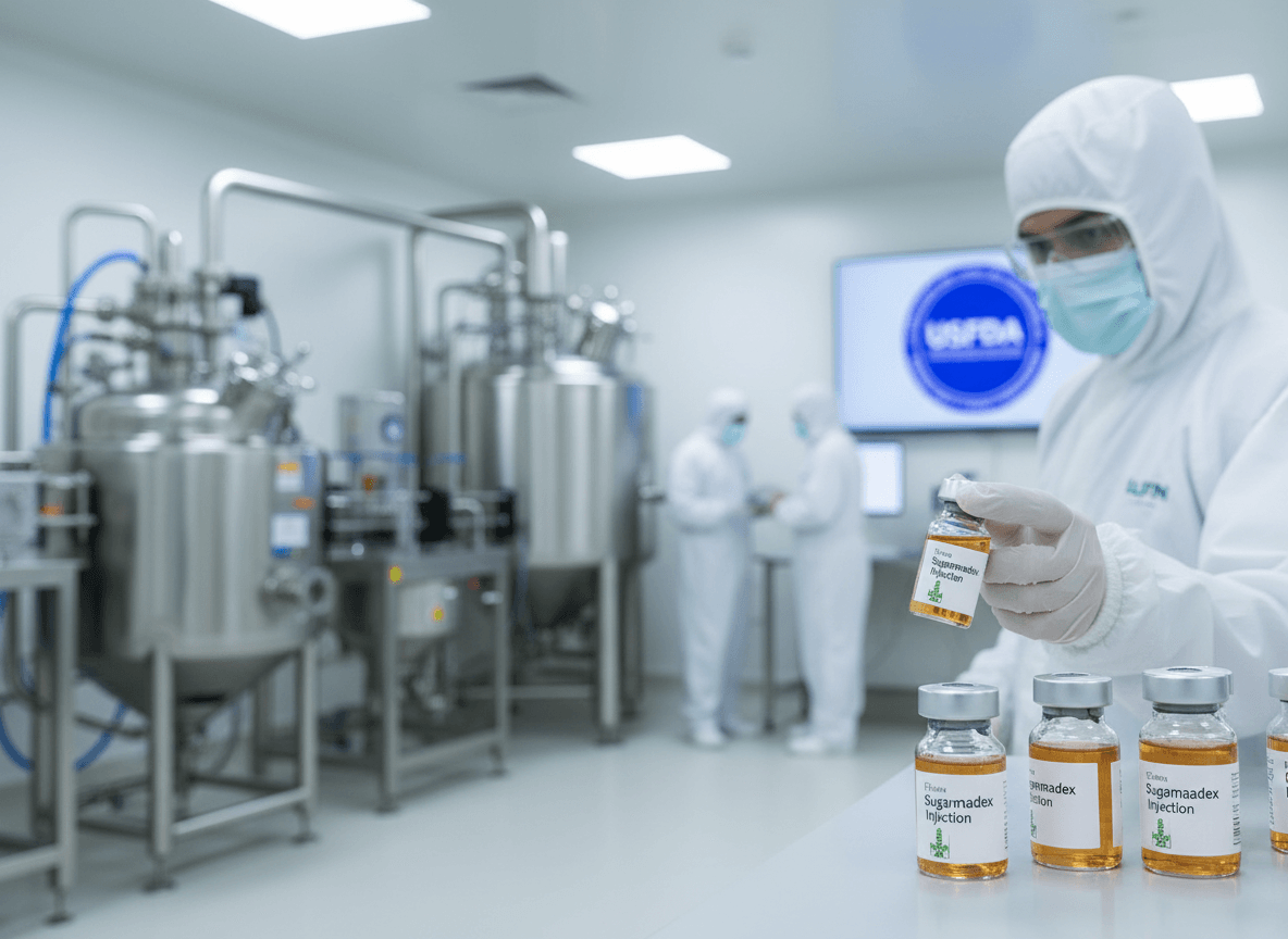 A scientist in a cleanroom holding a Sugammadex injection vial, with a USFDA logo on a screen in the background.