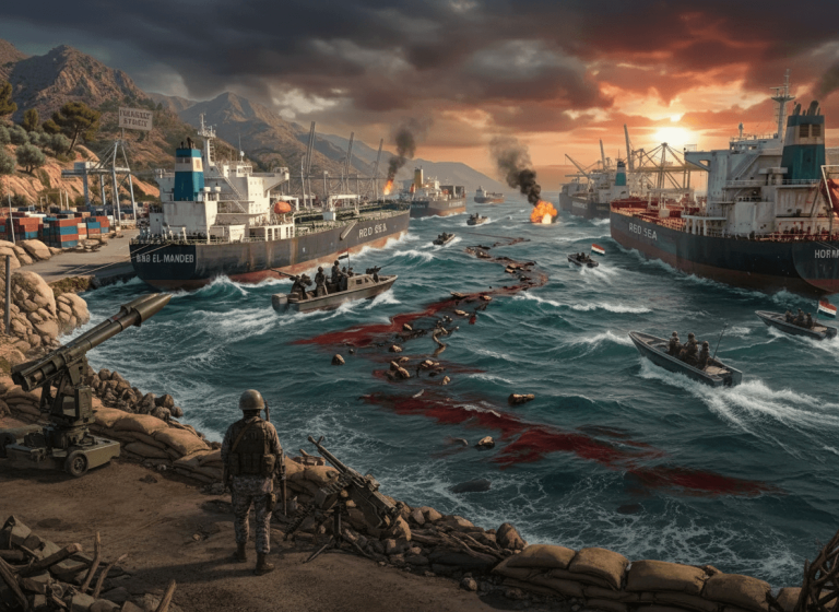 A dramatic scene of naval conflict with oil tankers, small boats, and a soldier overlooking the chaotic Red Sea.