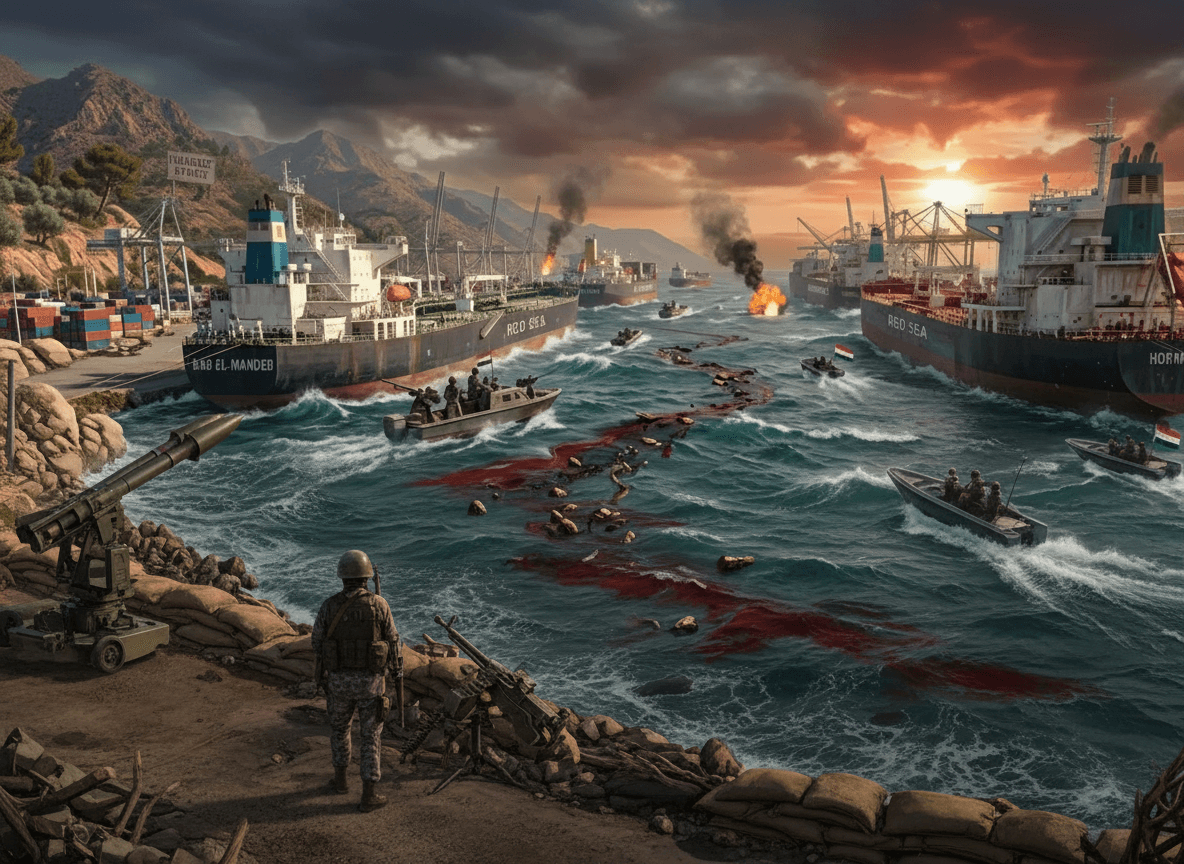 A dramatic scene of naval conflict with oil tankers, small boats, and a soldier overlooking the chaotic Red Sea.