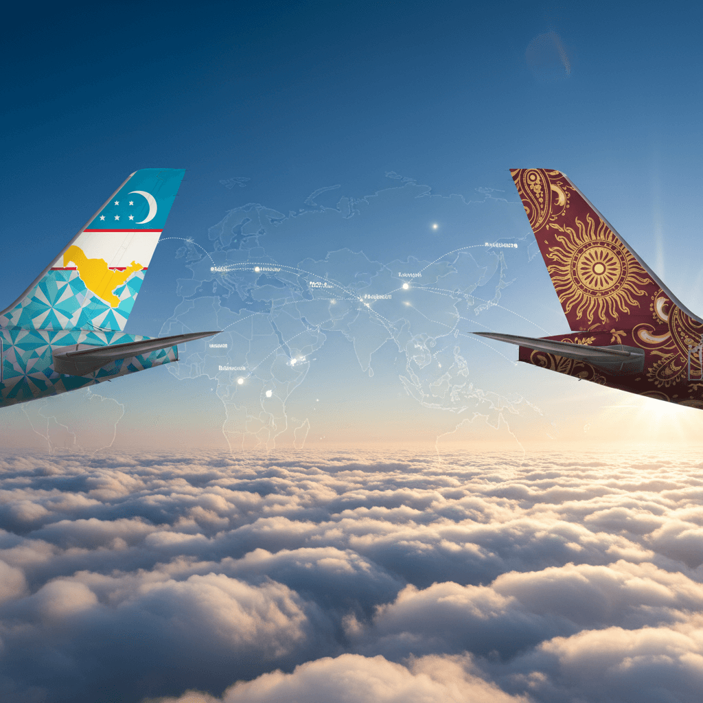 Two airplane tails, one with a blue/yellow pattern and another with a red/gold Indian motif, over clouds with a map.