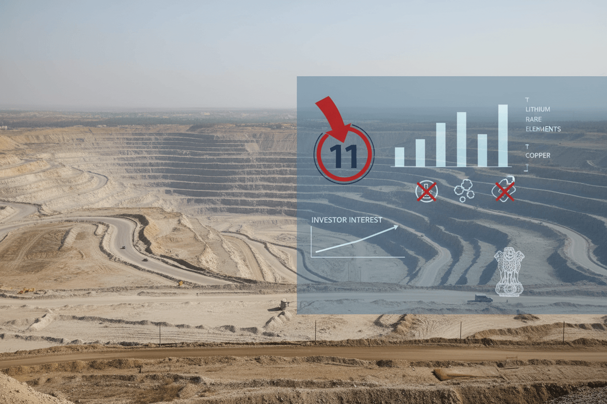 An aerial view of a large, terraced open-pit mine under a clear sky, with a transparent overlay showing a downward trend in investor interest and canceled mineral blocks.