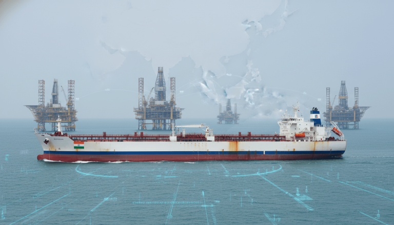 An oil tanker with an abstract map overlay sails past multiple offshore oil rigs under a hazy sky, symbolizing global trade.