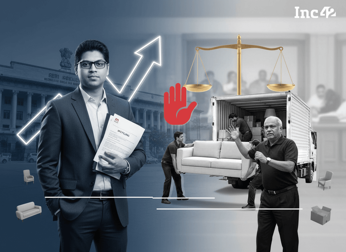 A man in a suit holds "IPO FILING" documents, while another man gestures a halt against a backdrop of moving furniture and legal scales, symbolizing a stalled IPO.