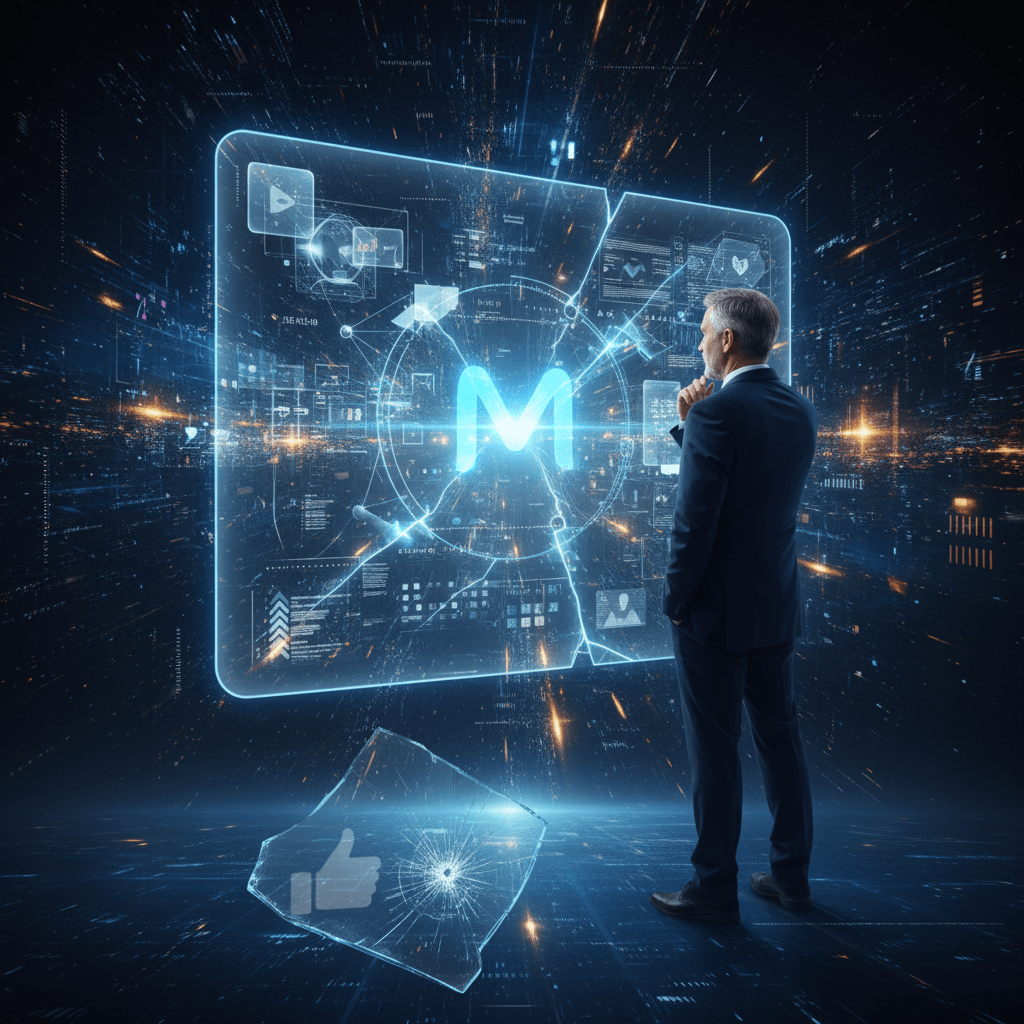 A man in a suit looks at a large, cracked holographic screen displaying a glowing 'M' and data in a futuristic city.