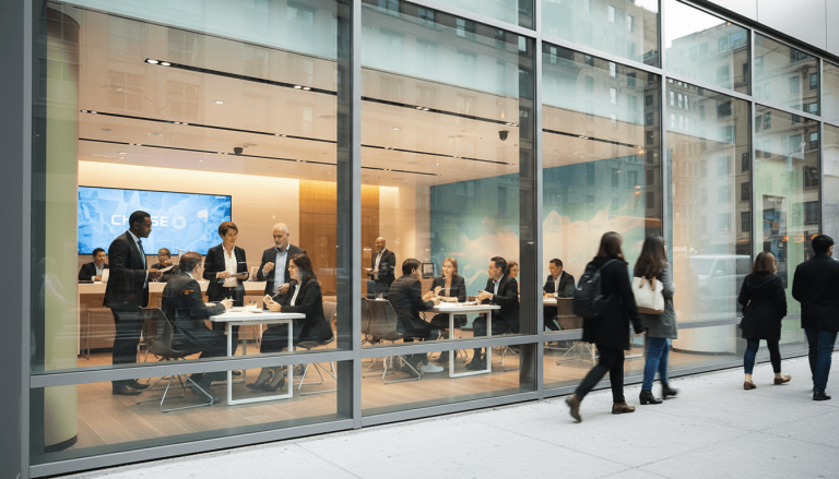 Diverse professionals in a sleek, glass-fronted bank office, with people walking by outside.