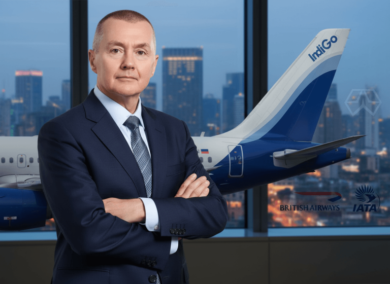 William Walsh in a suit, arms crossed, in front of a window overlooking a cityscape and an IndiGo plane tail.
