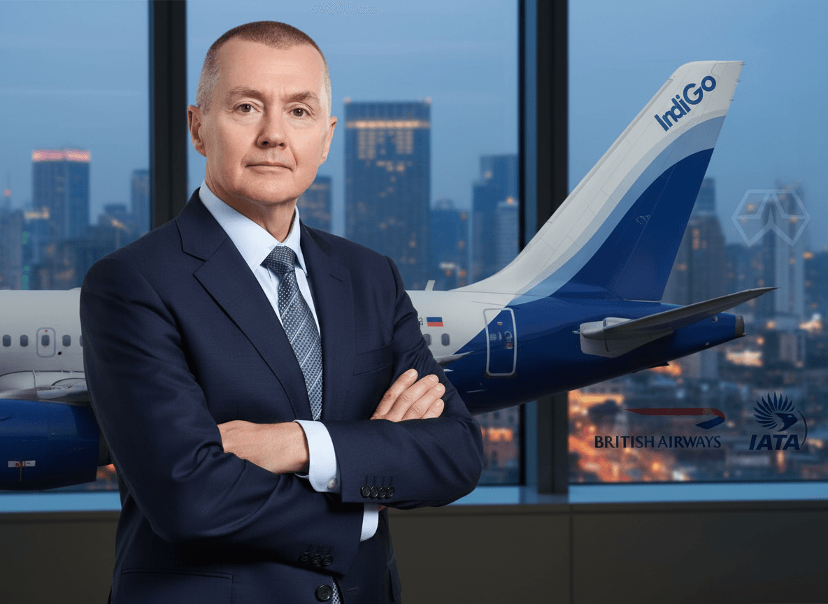 William Walsh in a suit, arms crossed, in front of a window overlooking a cityscape and an IndiGo plane tail.