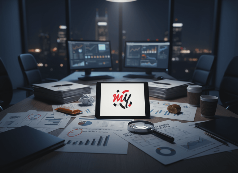 A tablet showing the MakeMyTrip logo, surrounded by scattered financial reports, charts, and a magnifying glass on a conference table at night.