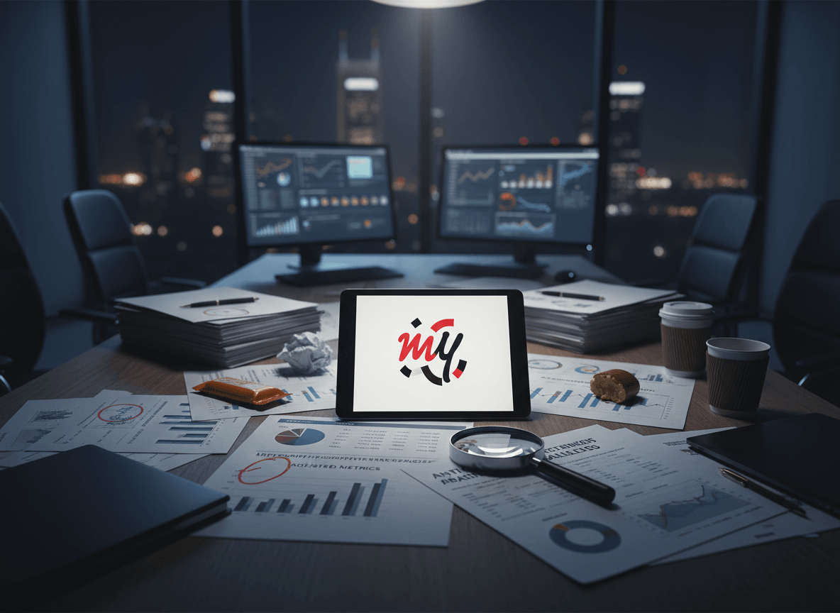 A tablet showing the MakeMyTrip logo, surrounded by scattered financial reports, charts, and a magnifying glass on a conference table at night.