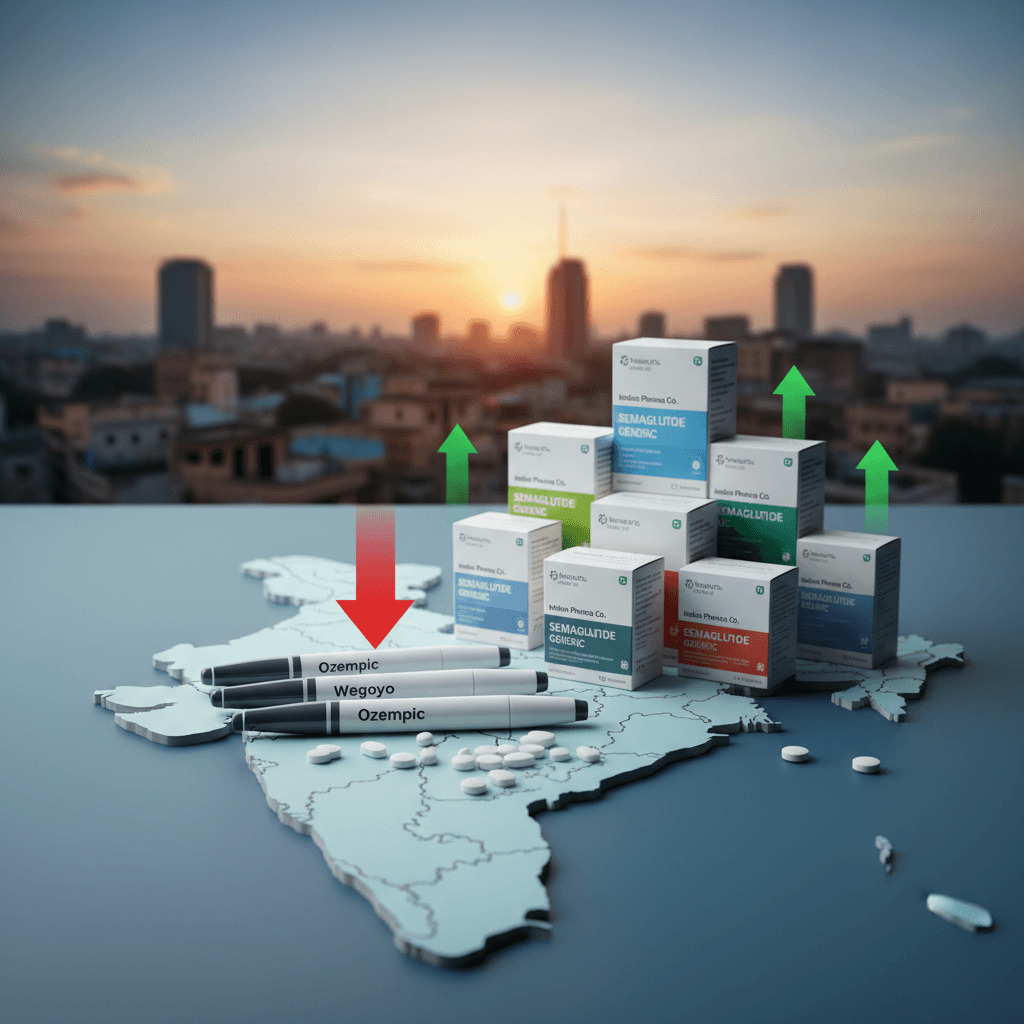 A map of India with medicine boxes, price arrows, and pens representing drug names, set against a cityscape.