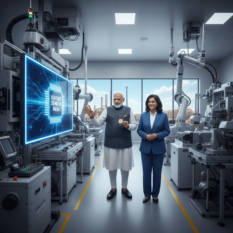 Narendra Modi and a businesswoman stand in a semiconductor factory with a digital display showing "Kaynes Semicon India."