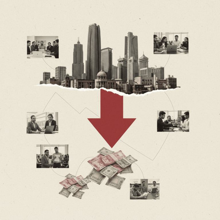 A visual metaphor showing a large red downward arrow pointing towards piles of Indian rupees and US dollars.