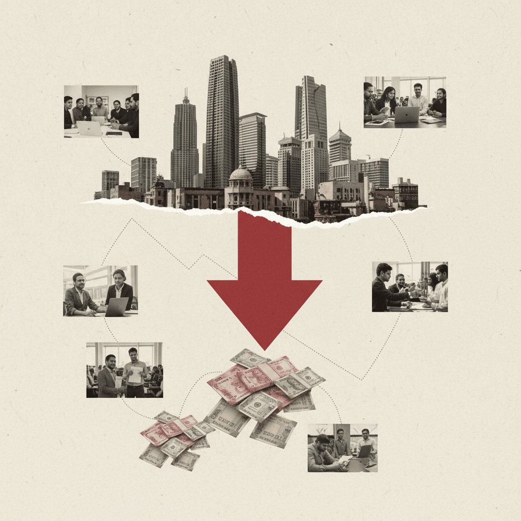A visual metaphor showing a large red downward arrow pointing towards piles of Indian rupees and US dollars.