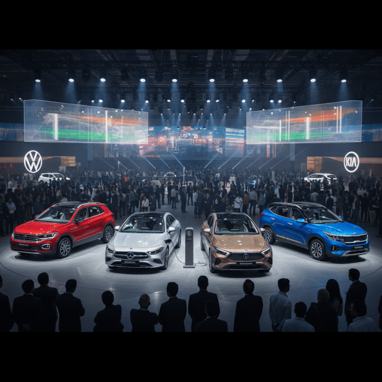 Four new cars on display at an automotive show in India, surrounded by an enthusiastic crowd.