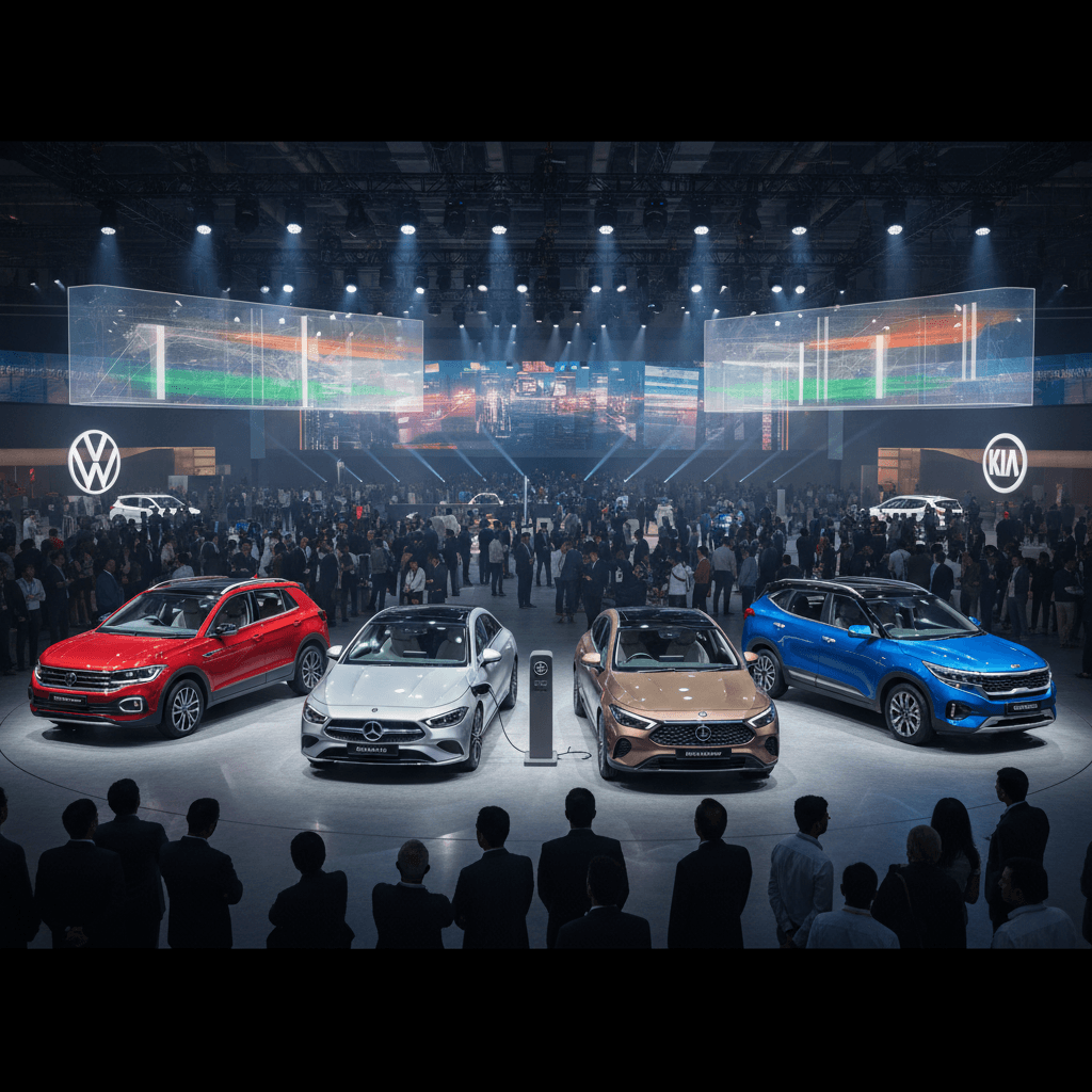 Four new cars on display at an automotive show in India, surrounded by an enthusiastic crowd.