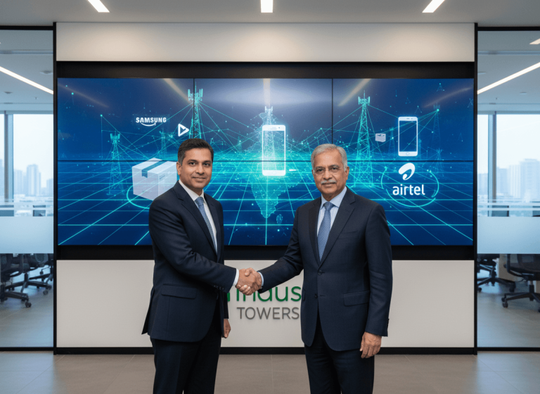 Two executives in suits shaking hands in an office with a large digital screen displaying a network of telecom towers.