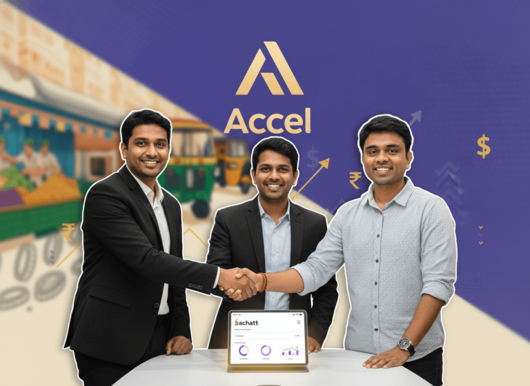 Three professional men shaking hands in front of a digital finance dashboard and the Accel logo, symbolizing a successful deal.