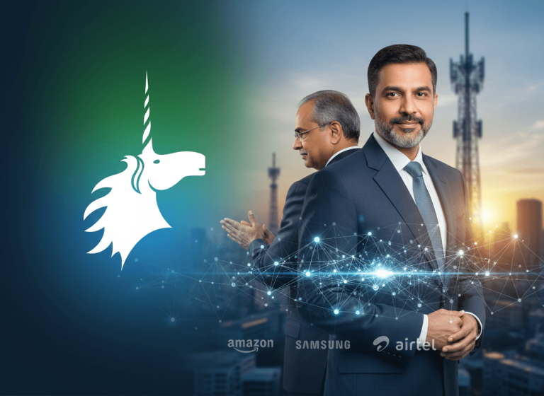 Two businessmen in suits, one smiling at the camera, with a telecom tower and network connections in the background.