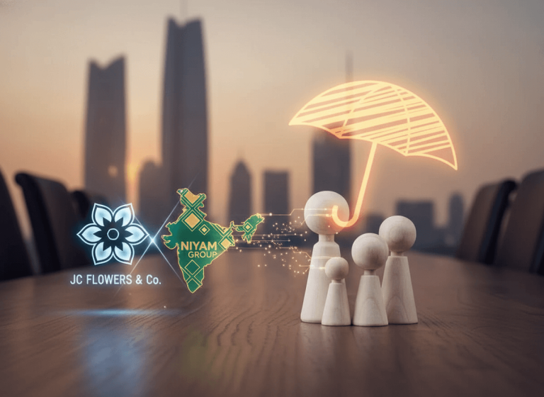 A professional image showing a meeting table with a family of wooden figures, a glowing umbrella, and holographic representations of India and company logos.