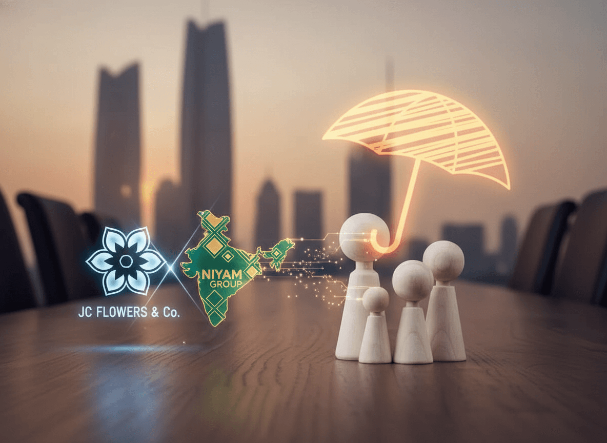 A professional image showing a meeting table with a family of wooden figures, a glowing umbrella, and holographic representations of India and company logos.