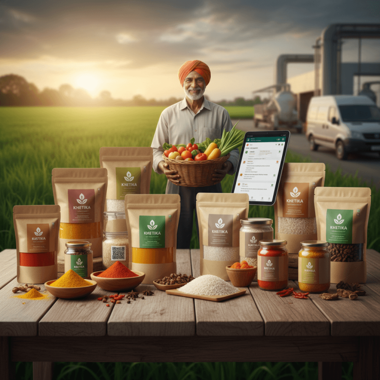 A farmer holding a basket of vegetables stands behind a table laden with various packaged food products and spices.