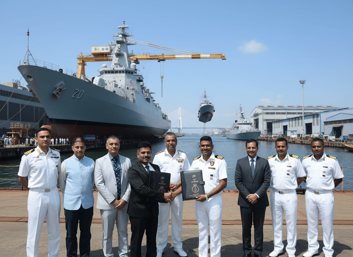Professional image of Indian Navy and defense officials shaking hands, with naval vessels and a shipyard in the background.