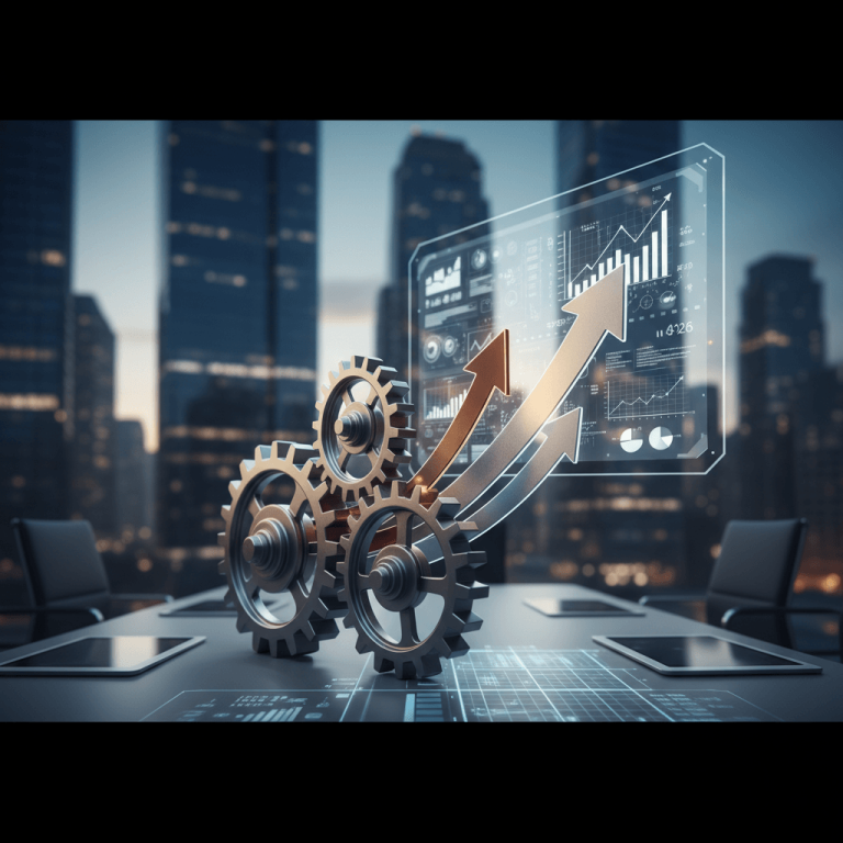 Interlocking gears and rising arrows on a boardroom table with a holographic display of financial data, city skyline background.