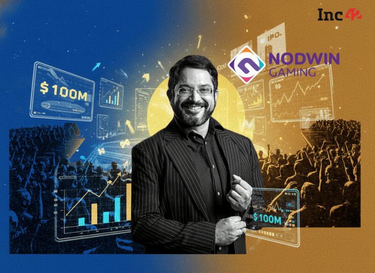 A man in a suit smiles, surrounded by gaming and financial graphics, representing NODWIN Gaming's IPO.