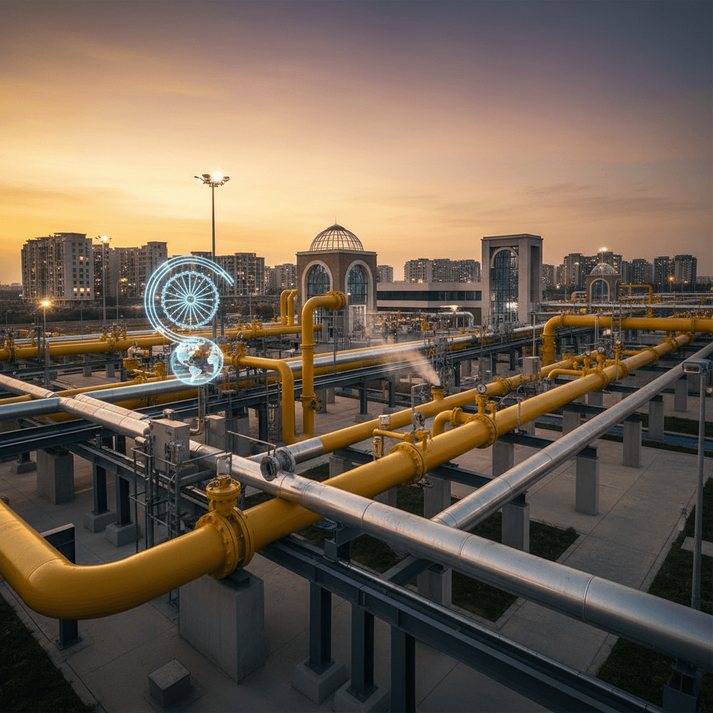 An intricate network of yellow and silver natural gas pipelines at dusk, with modern buildings in the background.