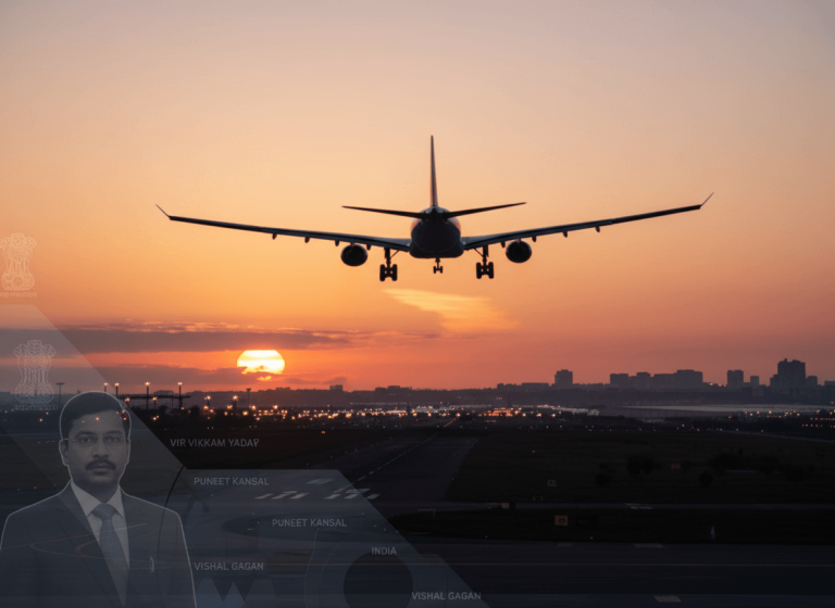 A professional image with a silhouette of an airplane landing against a sunset, overlaid with subtle, abstract digital elements.