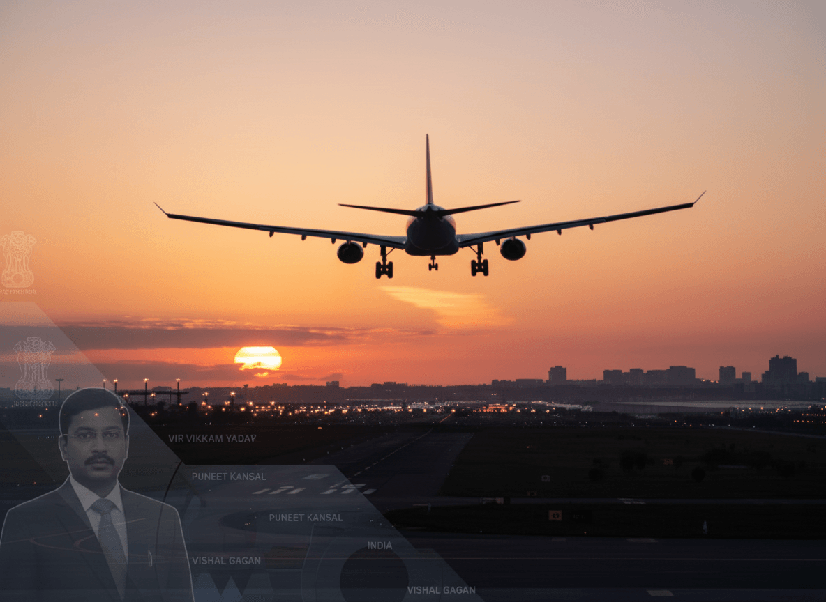 A professional image with a silhouette of an airplane landing against a sunset, overlaid with subtle, abstract digital elements.