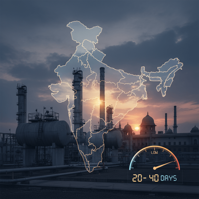An image representing India's energy security with a map overlay, oil refinery, and government building.