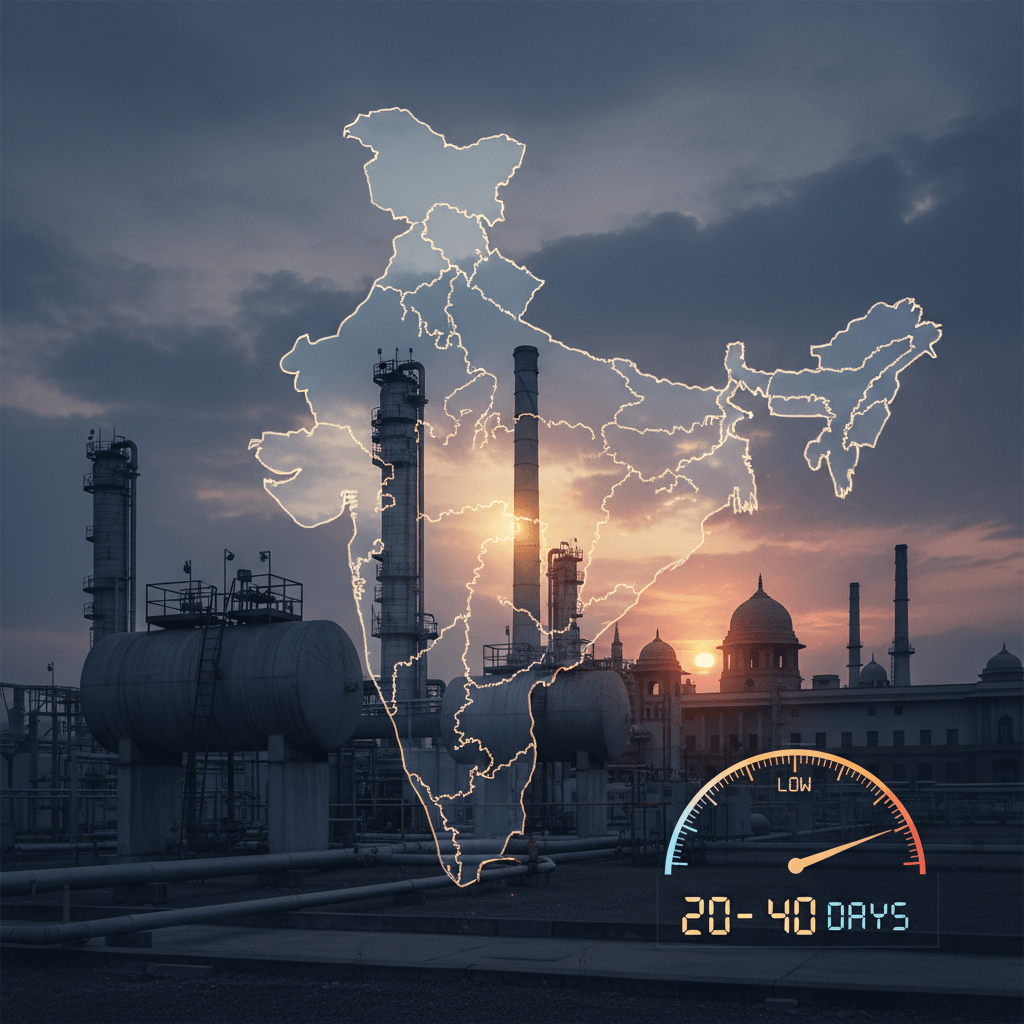 An image representing India's energy security with a map overlay, oil refinery, and government building.