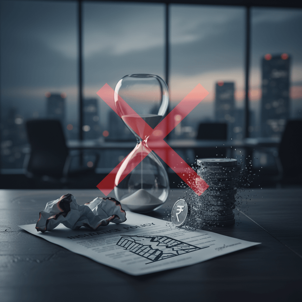 An hourglass with a red X, disintegrating coins, and a crumpled, burnt insurance policy on a desk.
