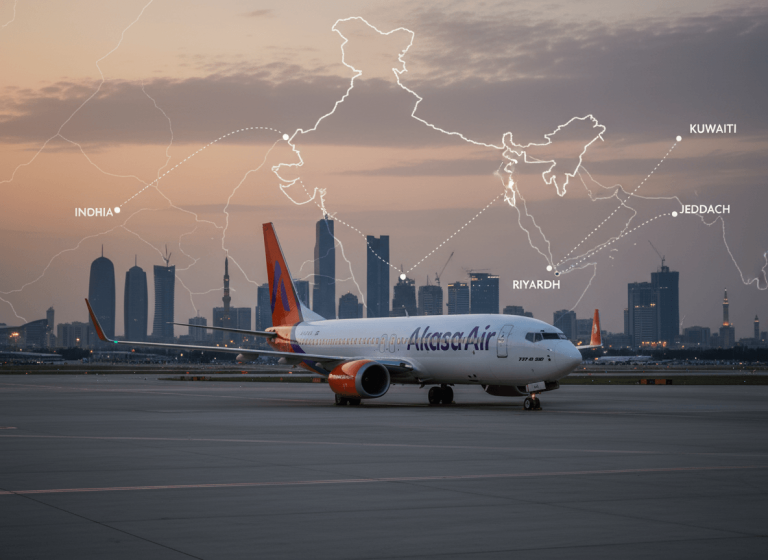 An Akasa Air plane on a tarmac with a stylized map showing suspended routes to Doha, Riyadh, and Kuwait.