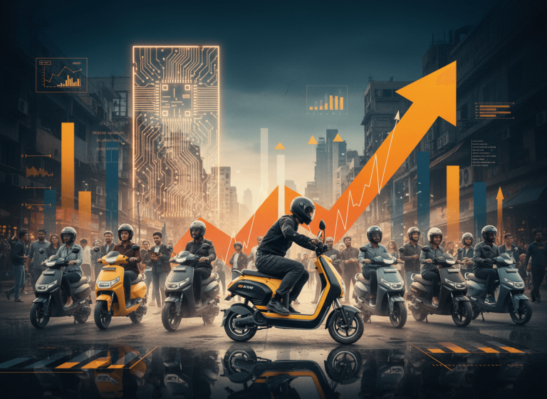 Electric scooters with riders in a city street, overlaid with rising bar graphs and an upward arrow symbolizing market growth.
