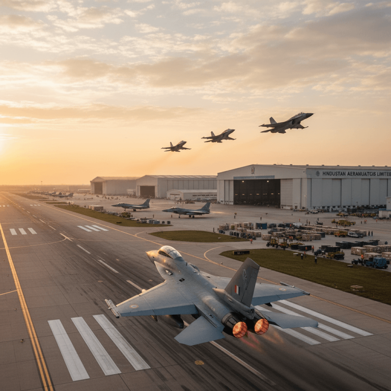 Fighter jets taking off from a runway with hangars and equipment in the background during sunrise.