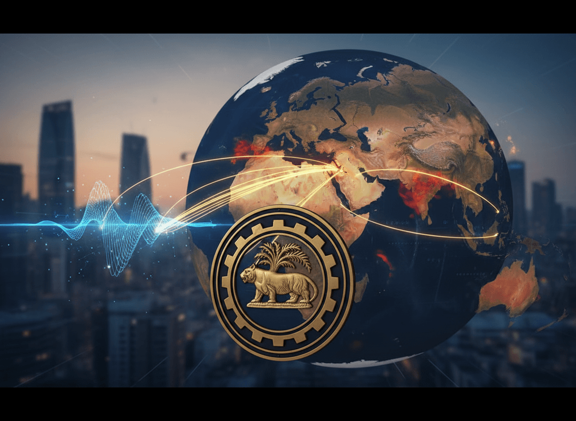 A stylized globe with a focus on West Asia, overlaid with a gold emblem, and glowing trade routes.