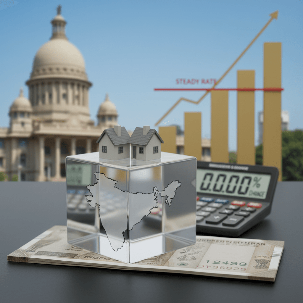 A calculator showing "0.00% CHANGE" next to miniature houses on a block with India's map, with a government building.