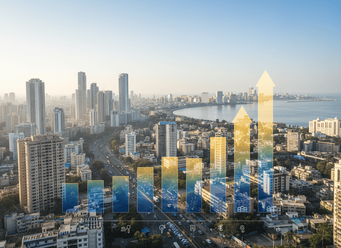 An aerial view of Mumbai's skyline with a rising bar graph overlay symbolizing growth in the property market.