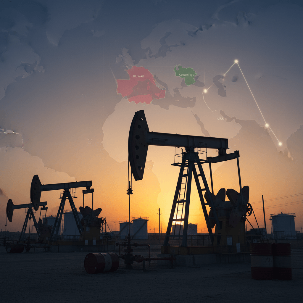 Silhouette of multiple oil pumpjacks at sunset in an oil field, with a faint world map and data visualization overlay.
