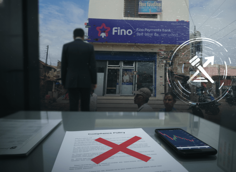 A man in a suit looks at a Fino Payments Bank building, with a "Compliance Policy" document marked with an X and a phone showing stock data in the foreground.