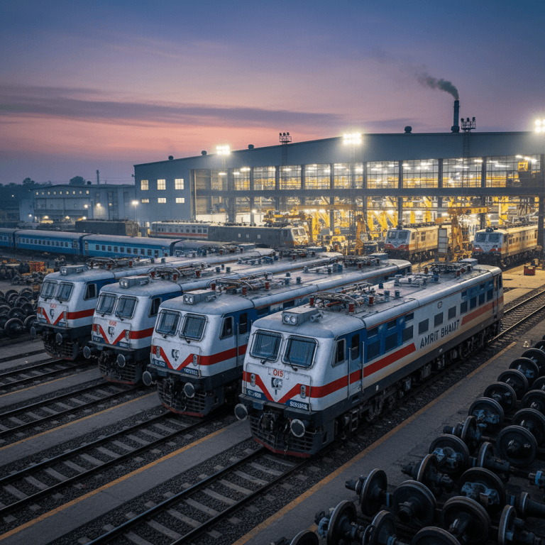 An aerial shot of modern locomotives lined up at a Banaras Locomotive Works facility at dusk, with factory lights illuminating the scene.