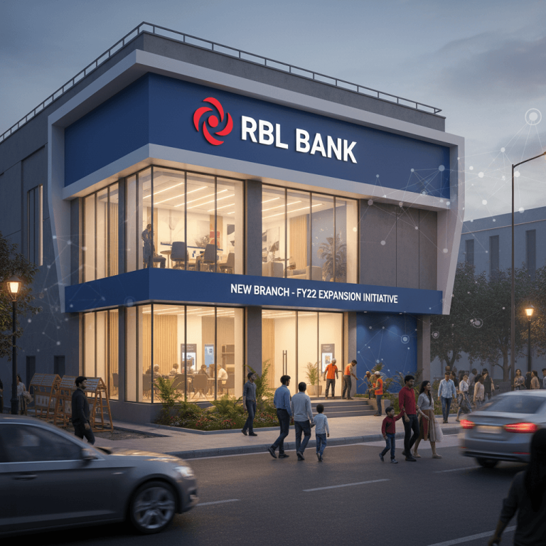 A modern RBL Bank branch building at dusk, with people walking outside, cars passing by, and a glowing logo.