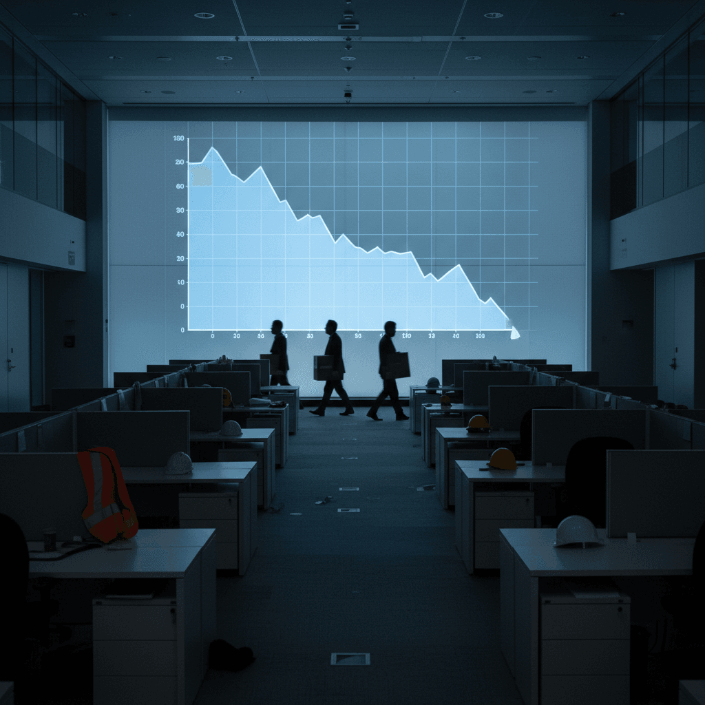 Silhouetted figures carry boxes in a dim office with a large downward-trending graph projected on a wall.