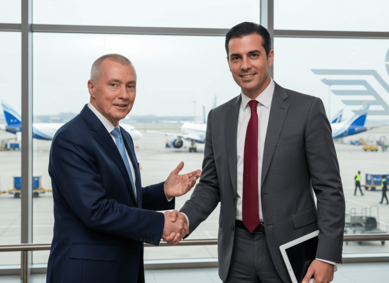 Two men, Rahul Bhatia and William Walsh, shake hands in an airport lounge with airplanes visible outside the window.