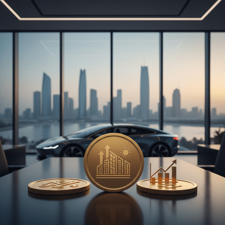 Golden coins with financial symbols on a conference table, with Abu Dhabi skyline and a modern car in the background.