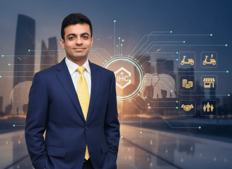 A professional man in a suit stands against a blurred city skyline with digital lending icons and an IHC Group logo.