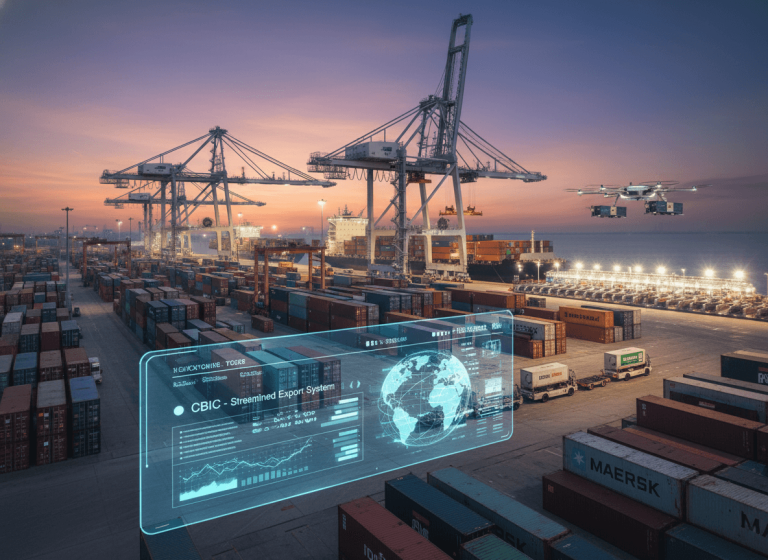 A modern shipping port at sunset with cargo ships, containers, cranes, and a holographic interface showing global logistics data.